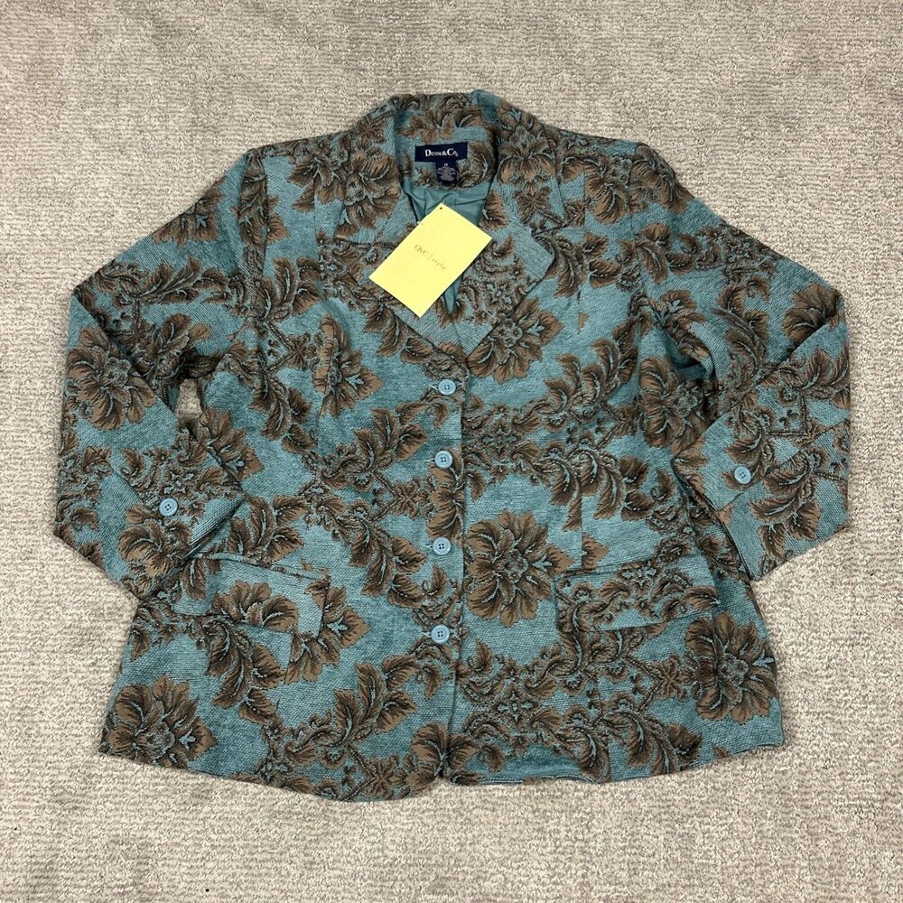 Denim & Co Blazer Jacket Womens 1X Aqua Brown Floral Tapestry Jacquard QVC New